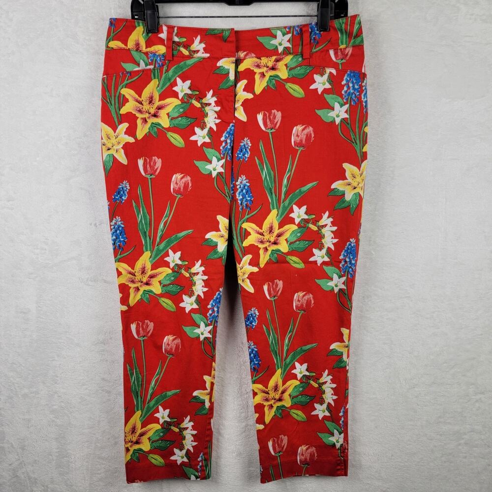 Red Tropical Floral Hawaiian Capri Size 10 Stretch Pants Cruise Resort Vacation